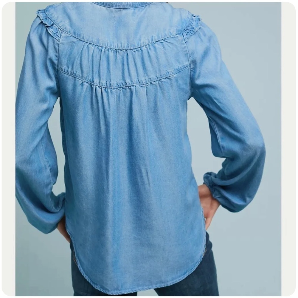 Anthropologie Maeve Chambray Ruffle Long Sleeve Top - Picture 3 of 15